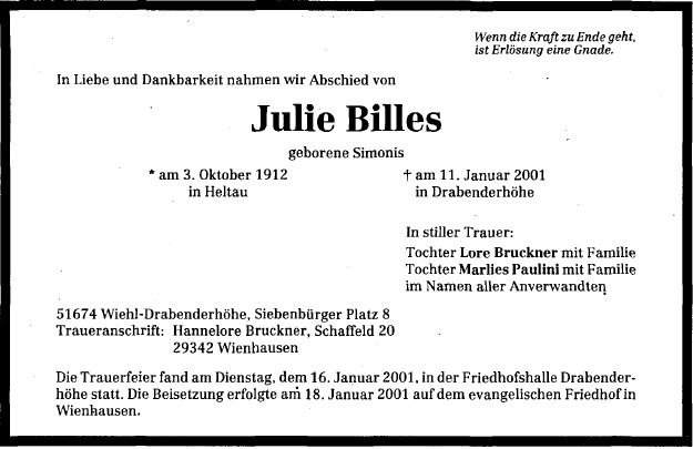 Simonis Julie 1912-2001 Todesanzeige